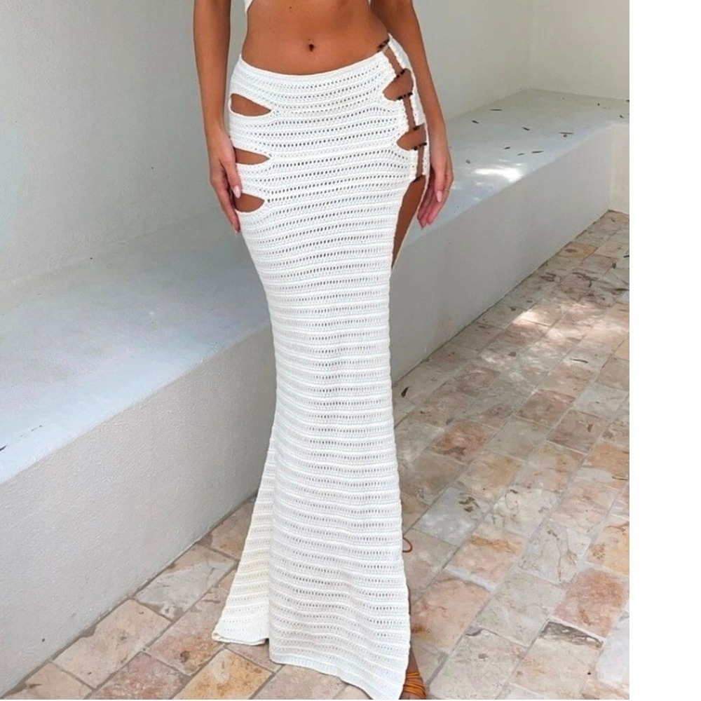 Outcast Celeste Crochet Maxi Skirt Side Cut Out Boho Beach Cream Women's Size S
